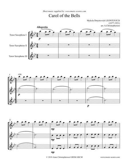 Carol of the Bells - 3 Tenor Saxes (arr. Anne L Christopherson GRSM ARCM)