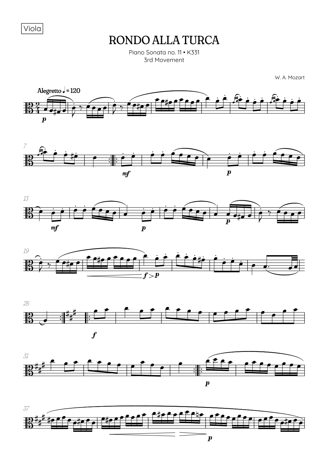 Rondo Alla Turca (Turkish March) • viola sheet music (arr. Benzaiten Editions)