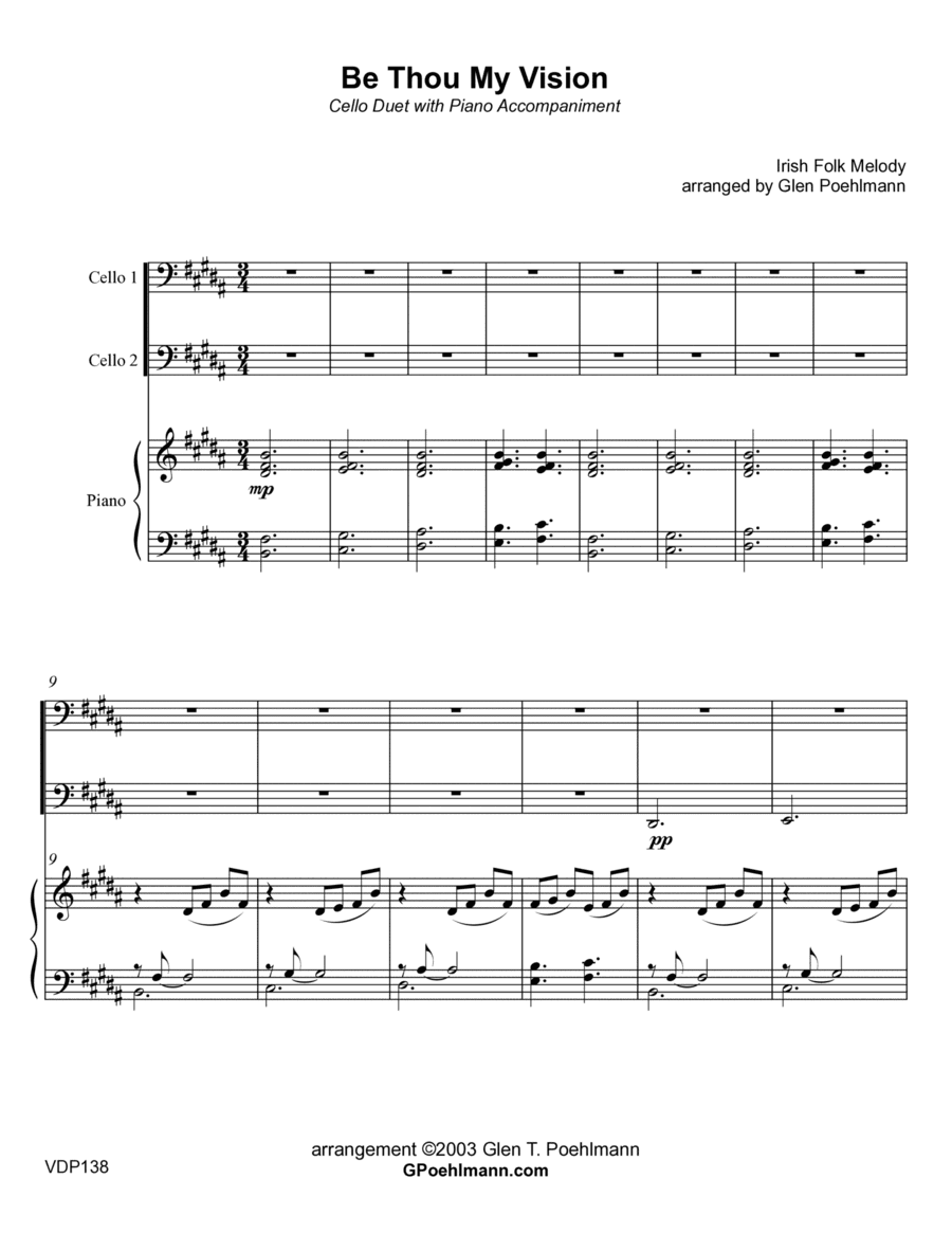 BE THOU MY VISION - CELLO DUET with Piano Accompaniment (Grade 3+) (arr. Glen Poehlmann)