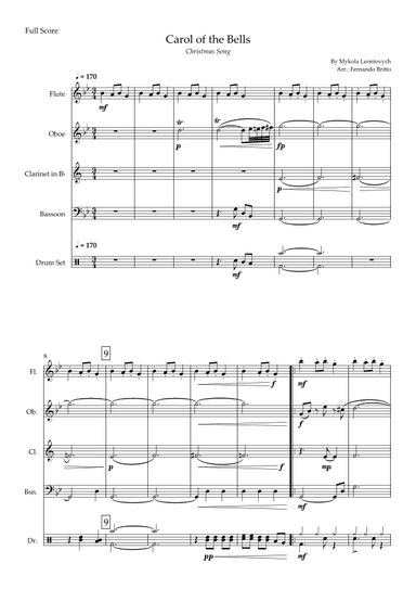 Carol of The Bells - Jazz Version (Christmas Song) for Woodwind Quartet and Drums (arr. Fabio Britto)