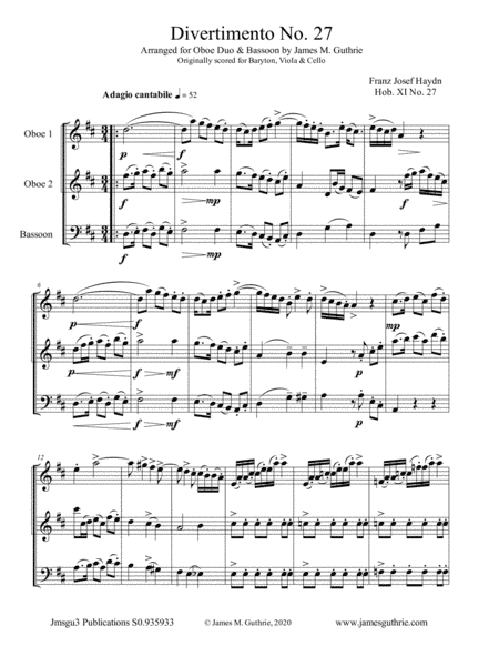 Haydn: Divertimento No. 27, Trio for Oboe Duo & Bassoon (arr. James M. Guthrie)
