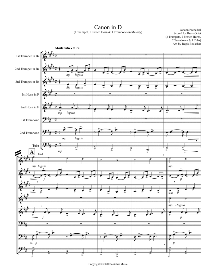 Canon in D (Pachelbel) (D) (Brass Octet - 3 Trp, 2 Hrn, 2 Trb, 1 Tuba) (1 Trp, 1 Hrn, 1 Trb lead) (arr. Regis Bookshar)