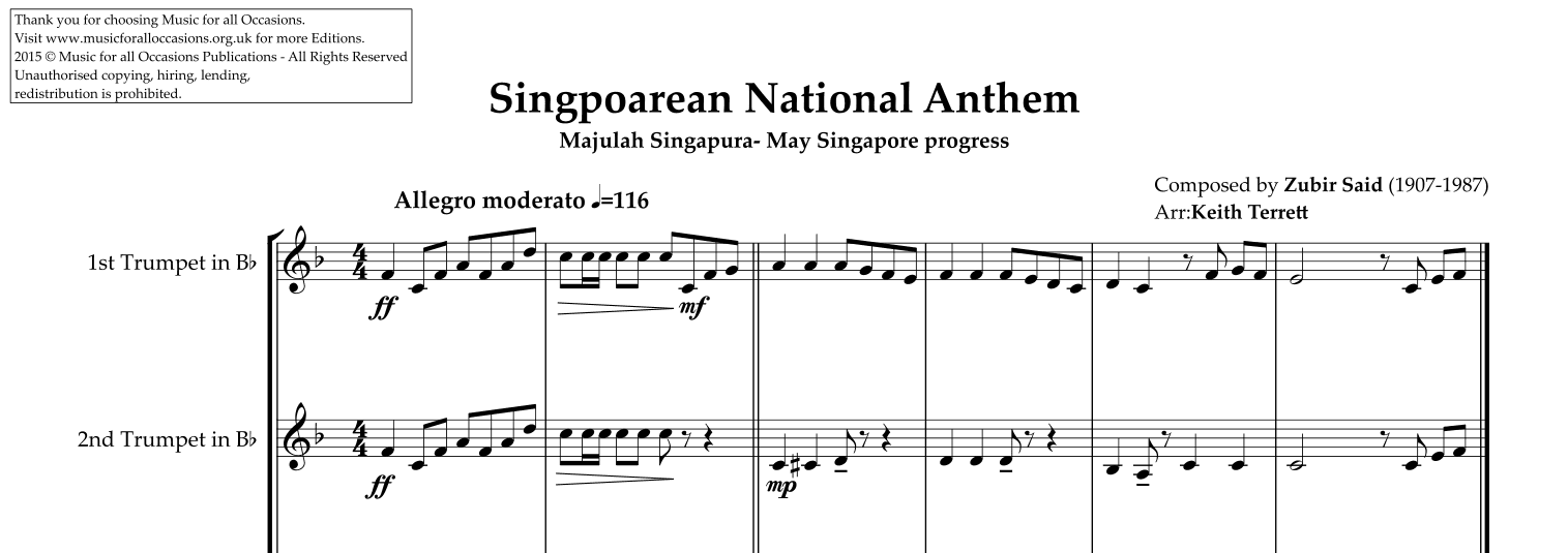 Singpoarean National Anthem ''Majulah Singapura'' for Brass Quintet (World National Anthem Seri (arr. Keith Terrett)