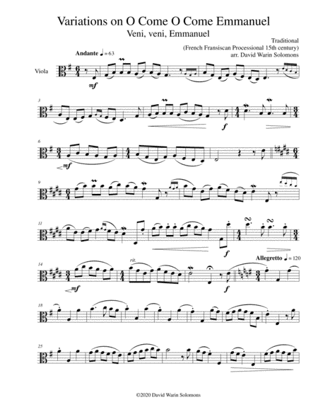 Variations on O come o come Emmanuel (Veni Veni Emmanuel) for viola solo (arr. David Warin Solomons)