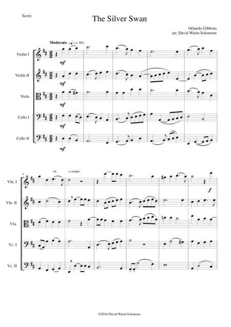 The Silver Swan for string quintet (arr. David Warin Solomons)
