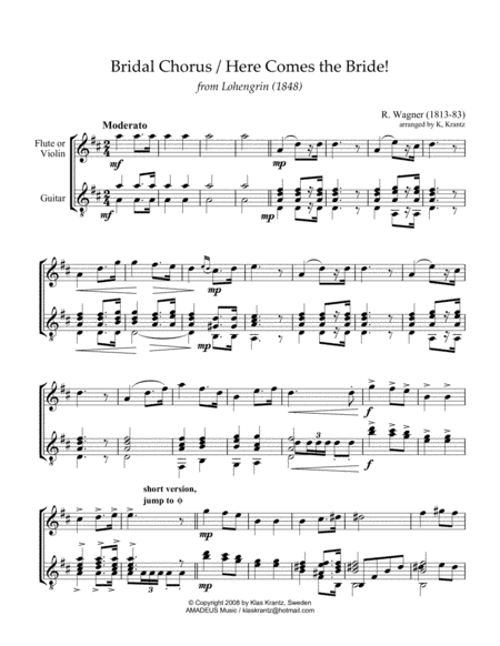 Bridal Chorus / Here Comes  the Bride! for violin or flute and guitar (D Major) (arr. K. Krantz)
