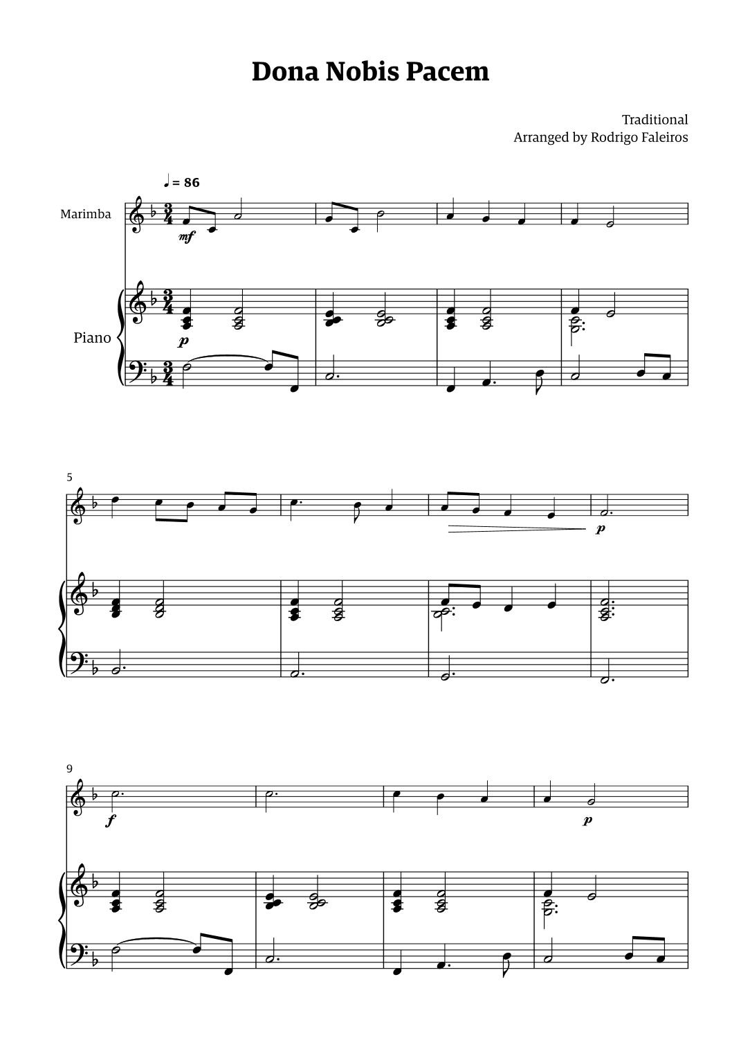 Dona Nobis Pacem - for marimba (with piano accompaniment) (arr. Rodrigo Faleiros)