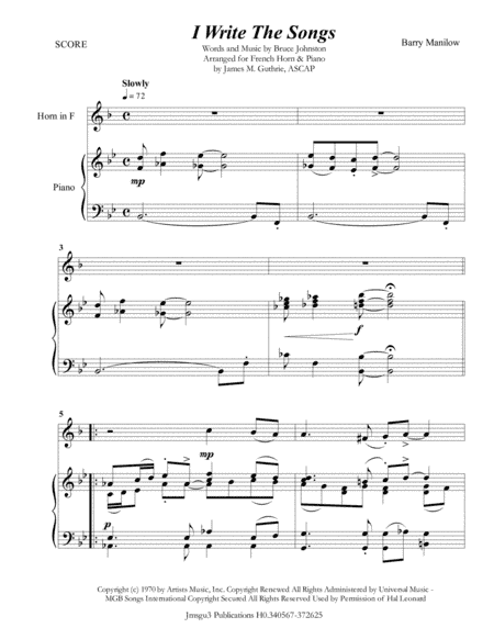 I Write The Songs (arr. James M. Guthrie, ASCAP)