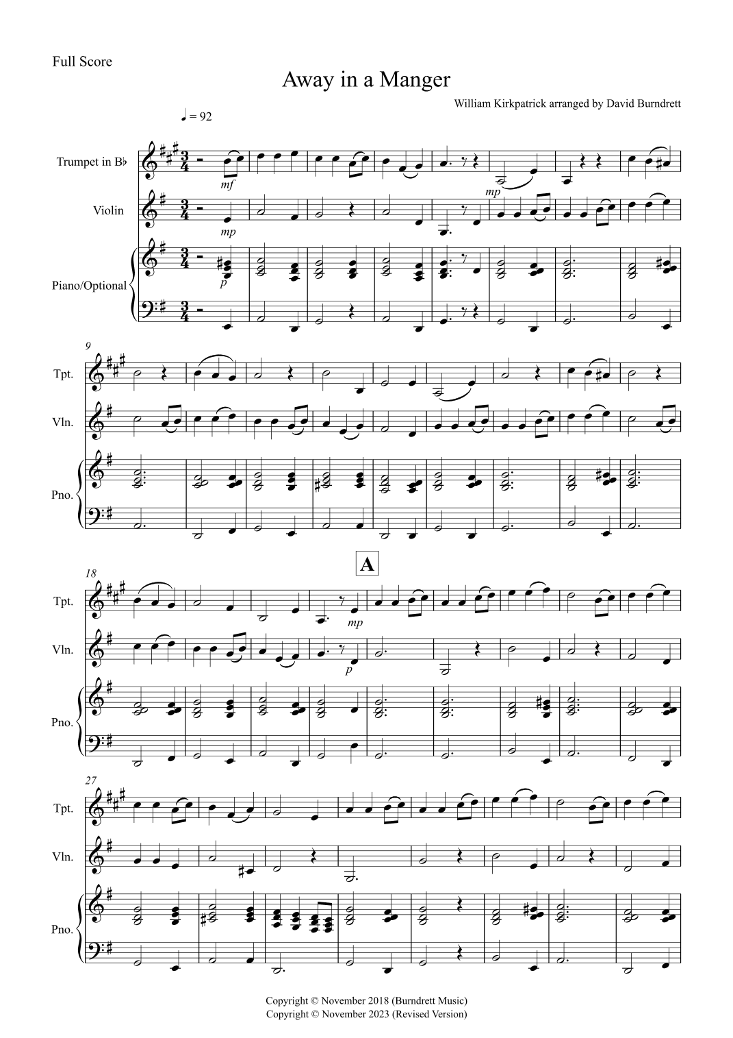Away in a Manger for Trumpet and Violin Duet (arr. David Burndrett)