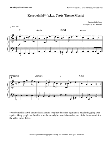 Tetris/Korobeiniki Theme--Piano Solo at Intermediate Level (arr. MJ Summer)
