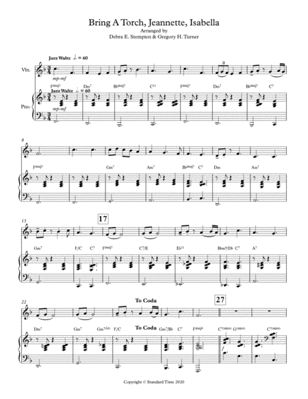 Bring A Torch, Jeannette, Isabella -- Jazz Waltz Violin Solo with Piano Accompaniment (arr. Debra E. Stempien, Gregory H. Turner)