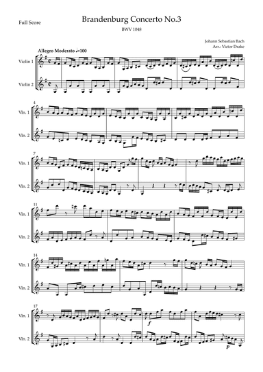 Brandenburg Concerto No. 3 in G major, BWV 1048 1st Mov. (J.S. Bach) for Violin Duo (arr. Victor Drake)