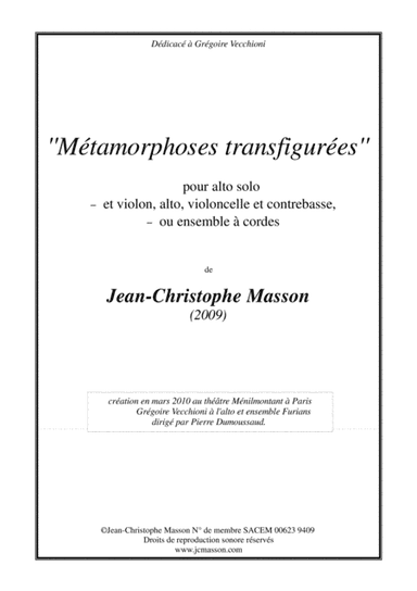 Métamorphoses Transfigurées --- for viola solo and strings (viola solo, violin, viola, cello and d
