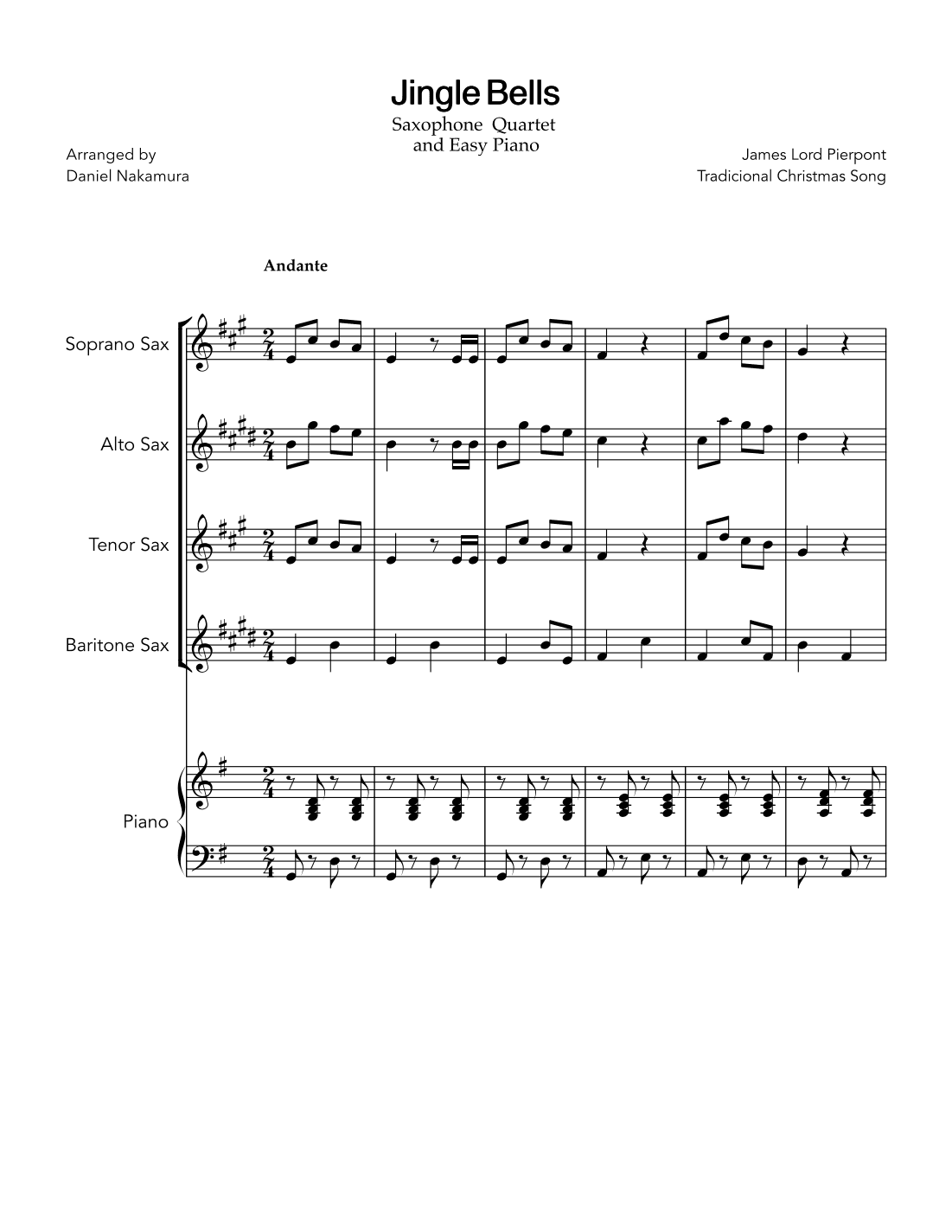Jingle Bells (for Sax Quartet and Easy Piano) (arr. Daniel Nakamura)