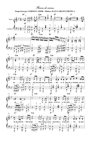 Reina de reinas. Tango con versos de Germán Amor y música por Juan Carlos Cortés A. (arr. Juan Carlos Cortés A.)
