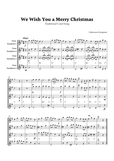 We Wish you a Merry Christmas for Tenor Sax Quartet  with Chords (arr. Rika K.)
