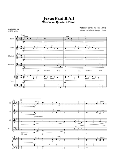 Jesus Paid It All - Woodwind Quartet and Piano (+Chords) (arr. Valdir Maia)