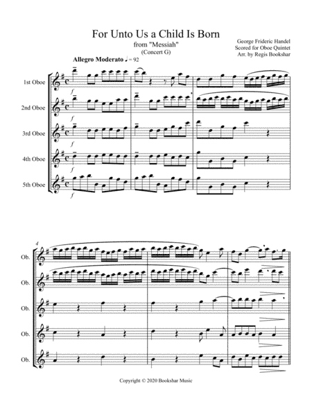 For Unto Us a Child is Born (from "Messiah") (G) (Oboe Quintet) (arr. Regis Bookshar)