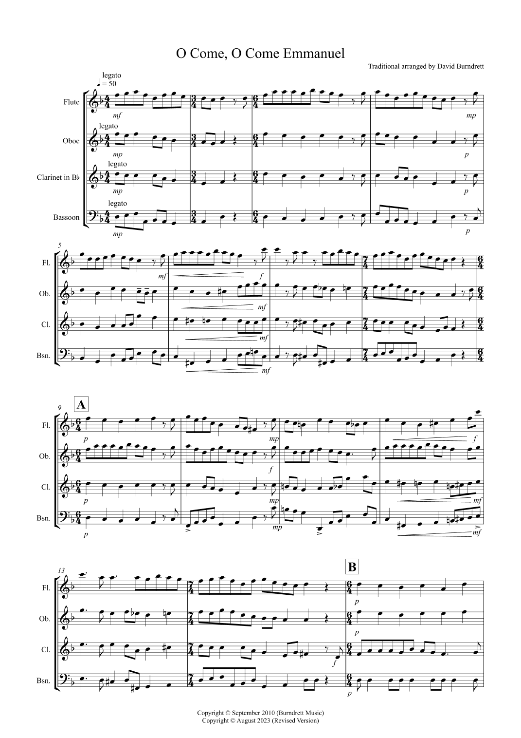 O Come, O Come Emmanuel for Wind Quartet (arr. David Burndrett)