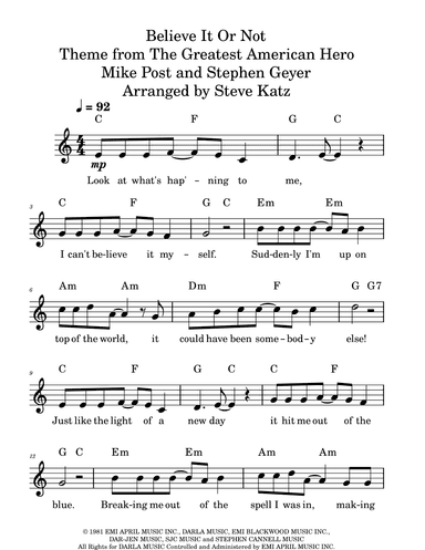 Believe It Or Not (theme From "the Greatest American Hero") (arr. Steve Katz)