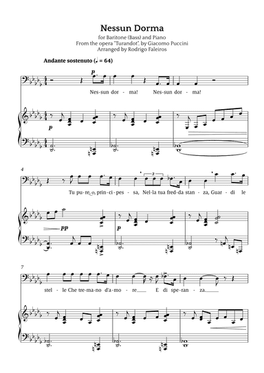 Nessun Dorma (for baritone or bass and piano) (arr. Rodrigo Faleiros)