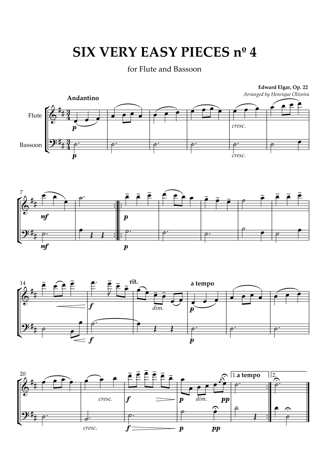 Six Very Easy Pieces nº 4 (Andantino) - Flute and Bassoon (arr. Henrique Oliveira)