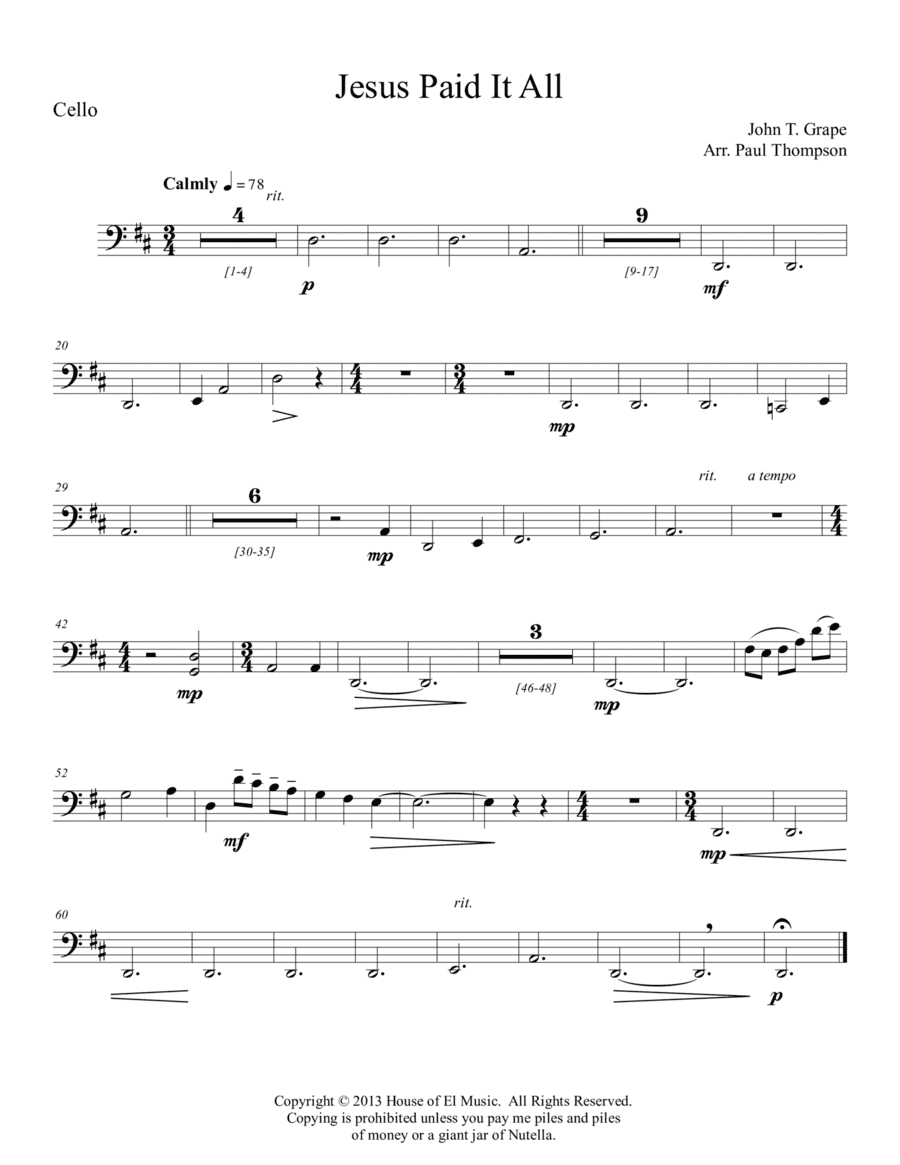 Jesus Paid It All - String Quartet and Piano (arr. Paul Thompson)