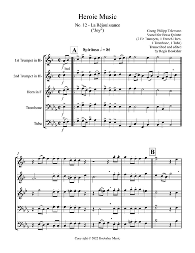 Heroic Music - No. 12. La Rejouissance (Eb) (Brass Quintet - 2 Trp, 1 Hrn, 1 Trb, 1 Tuba) (arr. Regis Bookshar)