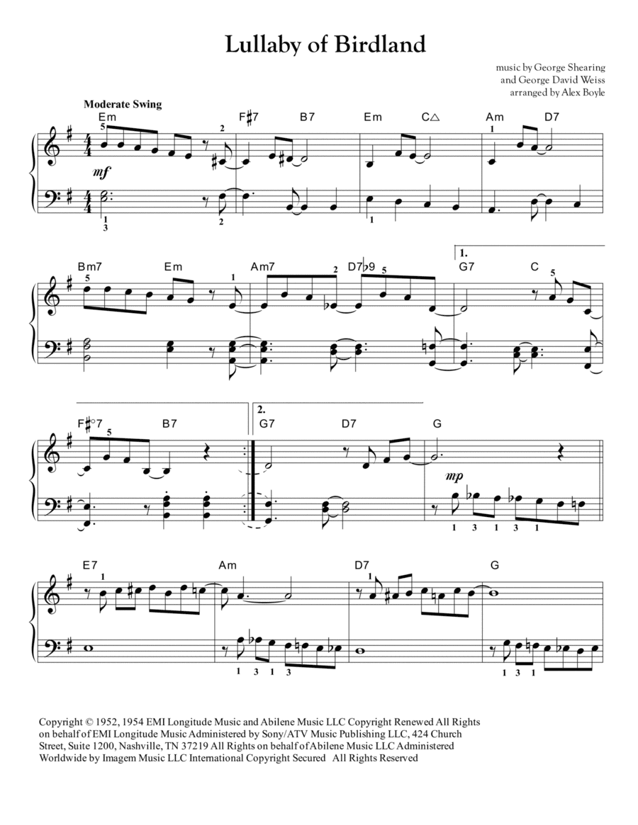 Lullaby Of Birdland (arr. Alex Boyle)