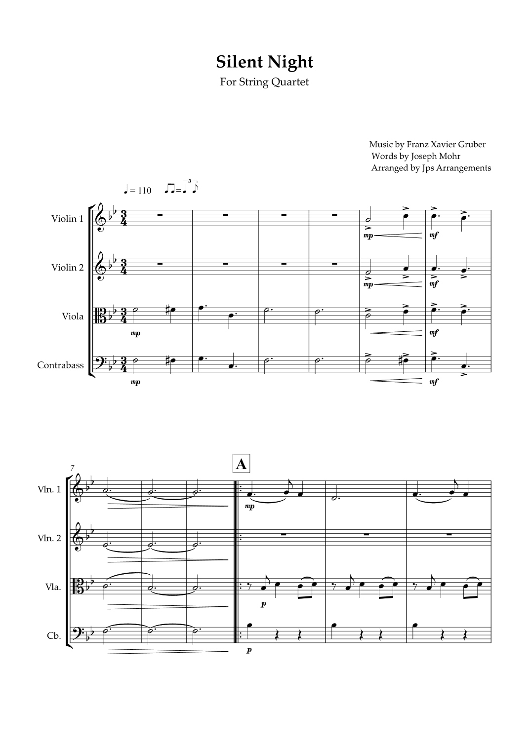 Silent Night for String Quartet in Bb Major (arr. Jps Arrangements)