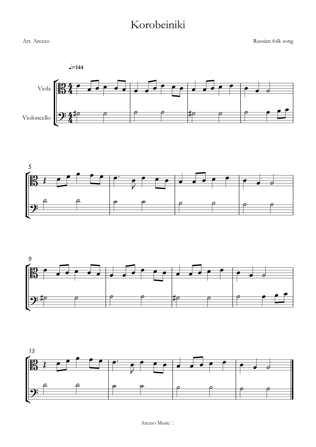 korobeiniki tetris theme Viola and cello sheet music (arr. Arezzo Music)