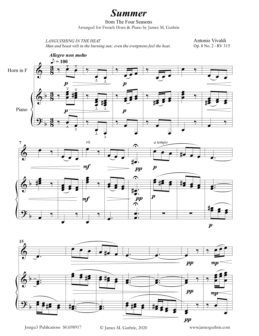 Vivaldi: Summer from the Four Seasons for French Horn & Piano (arr. James M. Guthrie, ASCAP)