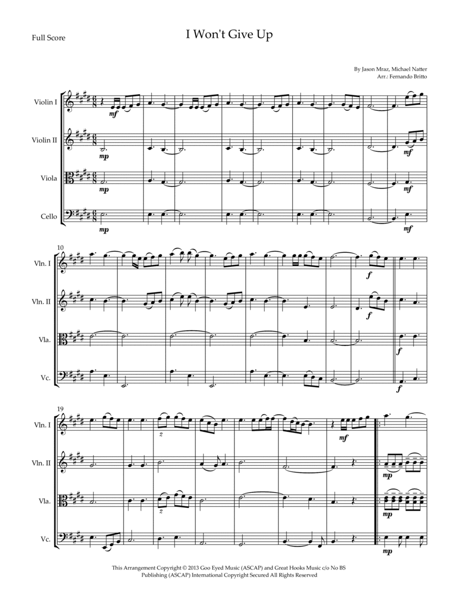 I Won't Give Up (arr. Fernando Britto)