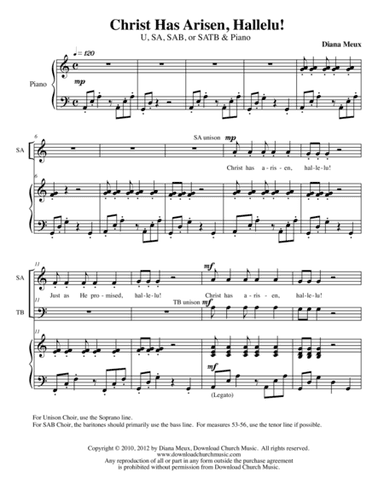 Christ Has Arisen, Hallelu! (U/2, SAB, or SATB Choir and Piano)