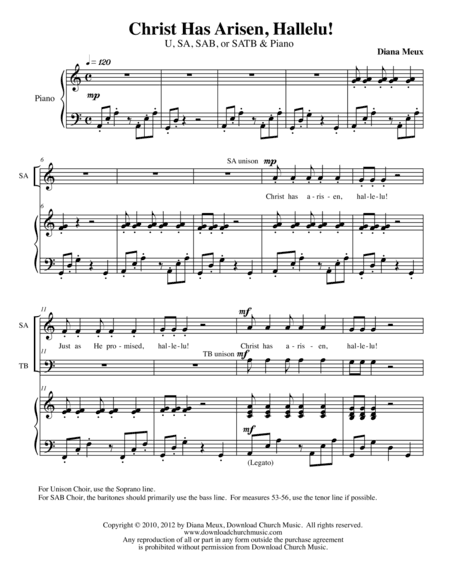 Christ Has Arisen, Hallelu! (U/2, SAB, or SATB Choir and Piano)