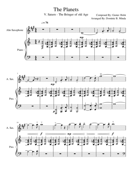 Saturn from "the planets" for Alto sax and piano. (arr. Dominic B. Minda)