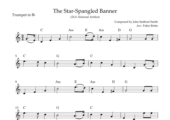 The Star Spangled Banner (USA National Anthem) for Trumpet in Bb Solo with Chords (Bb Major) (arr. Fabio Britto)