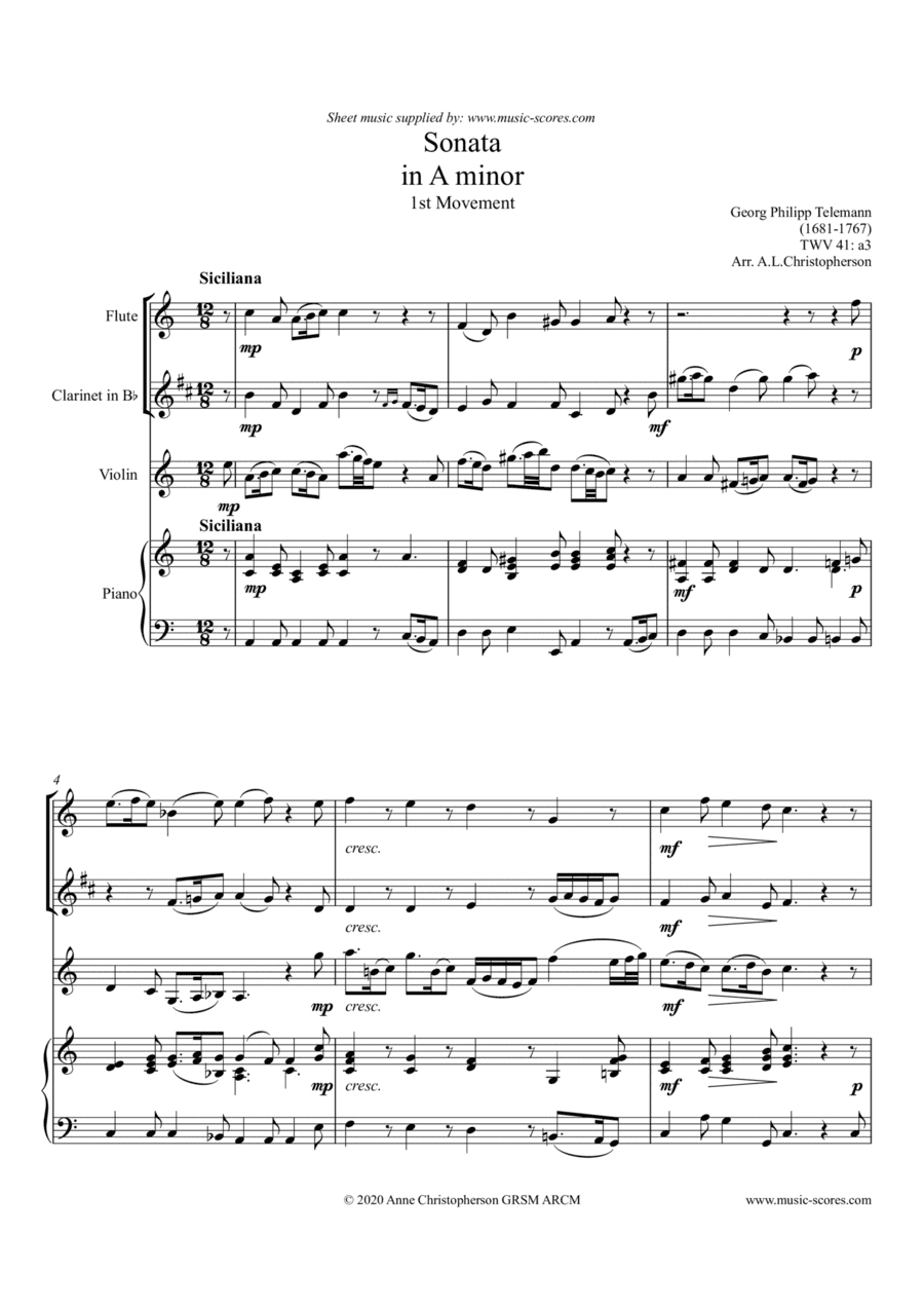 Telemann Sonata in A Minor TWV 41:a3, 1st Movement: Siciliano - Flute, Clarinet, Violin and Piano (arr. Anne L Christopherson GRSM ARCM)