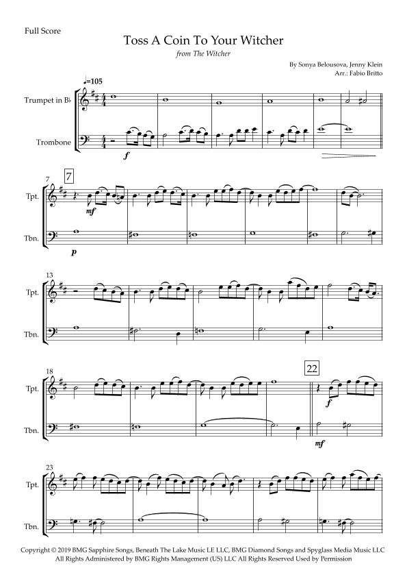 Toss A Coin To Your Witcher (arr. Fabio Britto)