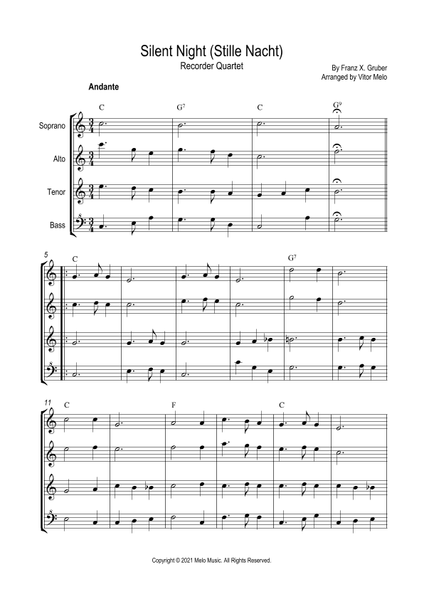 Silent Night (Stille Nacht) - Recorder Quartet (arr. Vitor Melo)