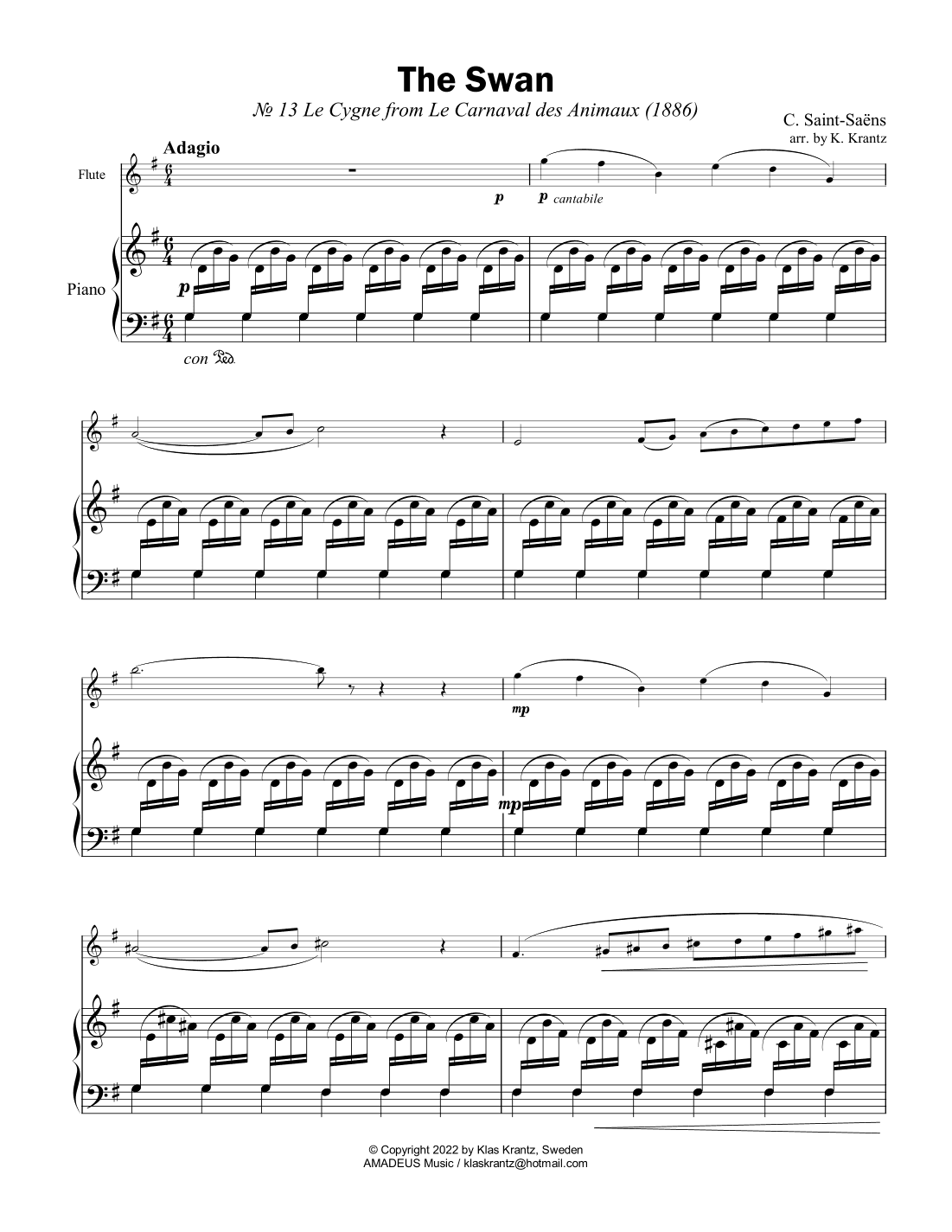 The Swan / Le cygne for flute (violin) and easy piano (edition II) (arr. K. Krantz)