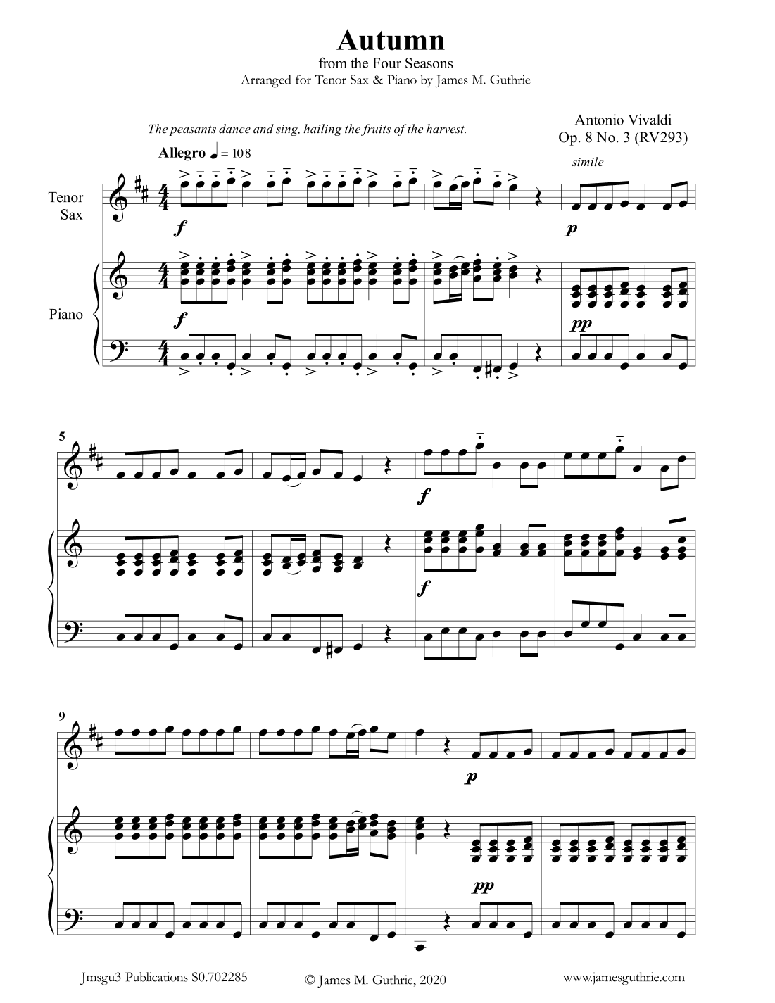 Vivaldi: Autumn from the Four Seasons for Tenor Sax & Piano (arr. James M. Guthrie, ASCAP)