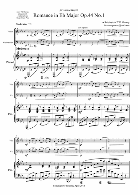 Rubinstein - Romance Op44 No1 - Piano Trio Violin Cello Piano (arr. Tim TK Murray)