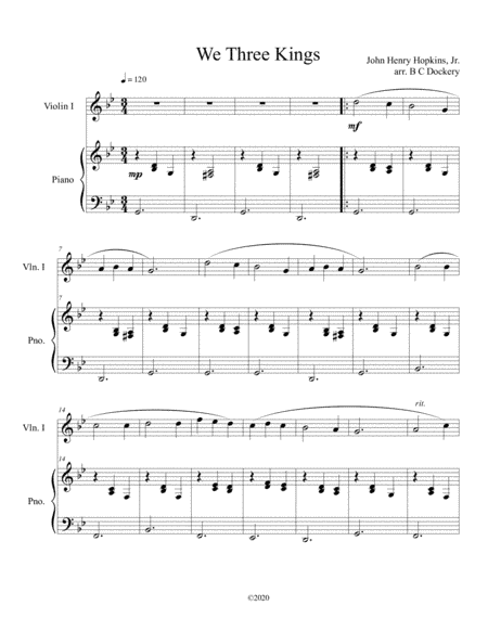 We Three Kings (violin solo) with optional piano accompaniment (arr. B C Dockery)