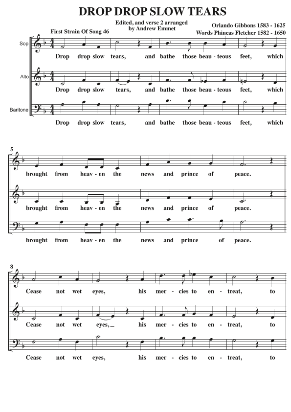 Drop Drop Slow Tears A Cappella SAB (arr. Andrew Emmet)