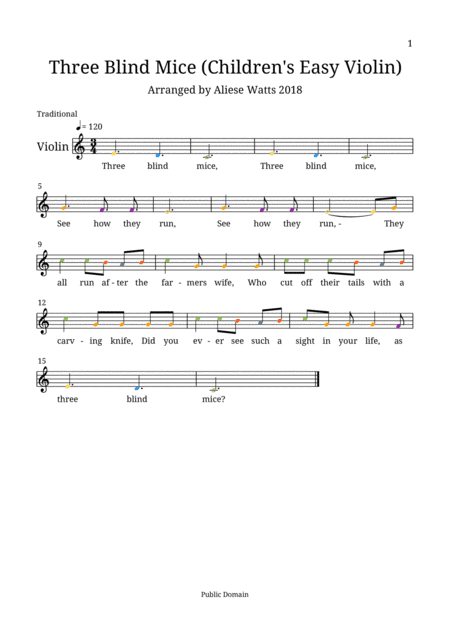 Three Blind Mice (Children's Easy Violin) (arr. Aliese Watts)