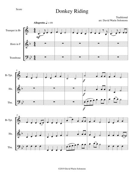 Donkey riding (Were you ever in Quebec) for brass trio (trumpet, horn, trombone) (arr. David Warin Solomons)