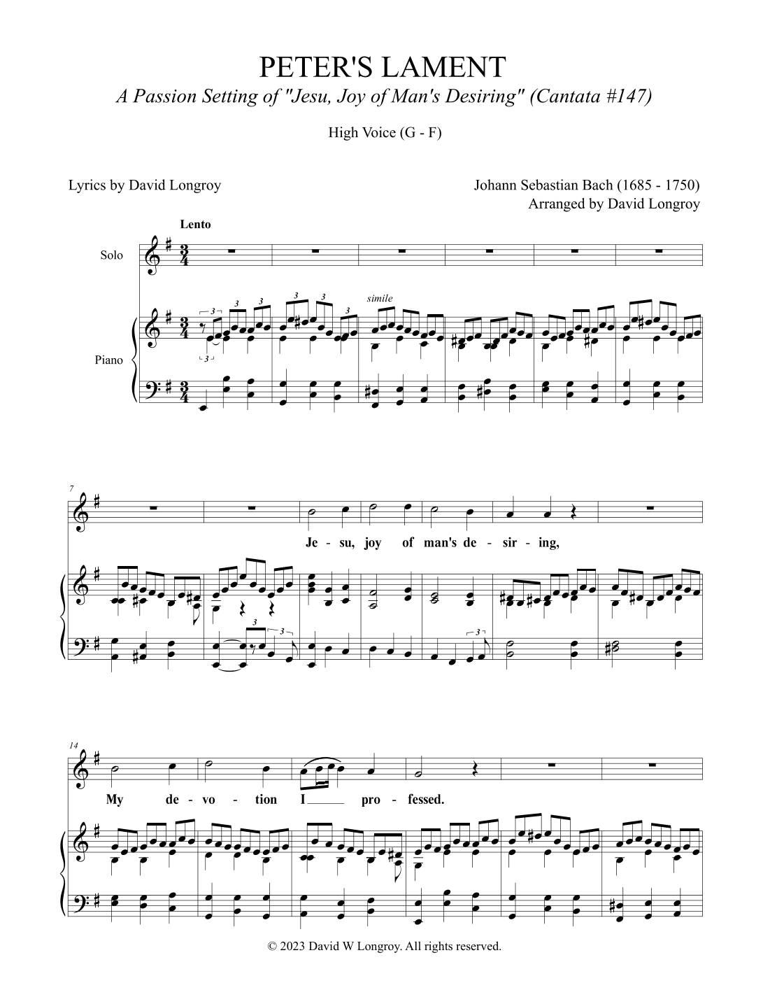 Peter's Lament (A Passion Setting of Jesu, Joy of Man's Desiring) (arr. David Longroy)