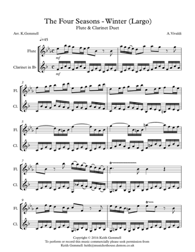 Winter - Four Seasons (Largo): Flute & Clarinet Duet (arr. K. Gemmell)