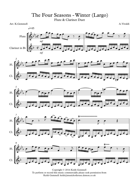 Winter - Four Seasons (Largo): Flute & Clarinet Duet (arr. K. Gemmell)